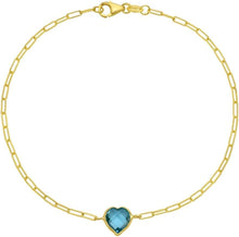 Load image into Gallery viewer, 14k Yellow Gold Heart Shape Gemstone Charm Link Bracelet, 7 Inch (Blue Topaz, Amethyst, Garnet, Citrine, or White Topaz)