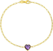 Load image into Gallery viewer, 14k Yellow Gold Heart Shape Gemstone Charm Link Bracelet, 7 Inch (Blue Topaz, Amethyst, Garnet, Citrine, or White Topaz)