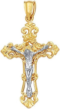 Load image into Gallery viewer, 14k Yellow Gold 1.3" Filigree Openwork INRI Jesus Crucifix Two-Tone Cross Charm Pendant with optional Adjustable Chain Necklace