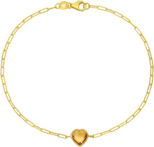 Load image into Gallery viewer, 14k Yellow Gold Heart Shape Gemstone Charm Link Bracelet, 7 Inch (Blue Topaz, Amethyst, Garnet, Citrine, or White Topaz)
