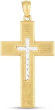 Load image into Gallery viewer, 14k Yellow Gold 1.1" Diamond Cut & Textured Nested Two-Tone Cross Charm Pendant with optional Adjustable Chain Necklace