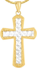 Load image into Gallery viewer, 14k Yellow Gold 1.3" Diamond Cut Intricate Two-Tone Cross Charm Pendant with optional Adjustable Chain Necklace