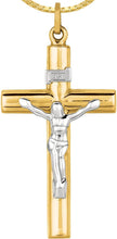 Load image into Gallery viewer, 14k Yellow Gold 1.7" Classic INRI Jesus Crucifix Two-Tone Cross Charm Pendant with optional Adjustable Chain Necklace