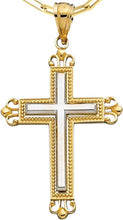 Load image into Gallery viewer, 14k Yellow Gold 1.2" Filigree Beaded Two-Tone Cross Charm Pendant with optional Adjustable Chain Necklace