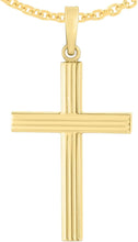 Load image into Gallery viewer, 14k Yellow Gold 1.2" Single Ribbed or 1.6" Triple Ribbed Cross Charm Pendant with optional Adjustable Chain Necklace