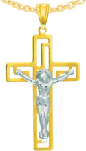 Load image into Gallery viewer, 14k Yellow Gold 1.1" Greek Key Jesus Crucifix Two-Tone Cross Charm Pendant with optional Adjustable Chain Necklace