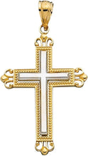 Load image into Gallery viewer, 14k Yellow Gold 1.2" Filigree Beaded Two-Tone Cross Charm Pendant with optional Adjustable Chain Necklace