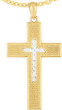 Load image into Gallery viewer, 14k Yellow Gold 1.1" Diamond Cut & Textured Nested Two-Tone Cross Charm Pendant with optional Adjustable Chain Necklace