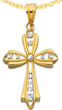 Load image into Gallery viewer, 14k Yellow Gold 0.9" Graduated Openwork Two-Tone Cross Charm Pendant with optional Adjustable Chain Necklace