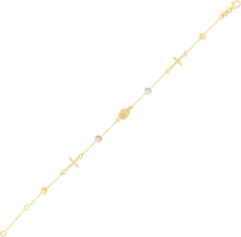 Load image into Gallery viewer, 14k Tri-Color Gold Virgin Mary, Cross & Cube Charm Link Bracelet, Adjustable 7" - 7.5 Inch