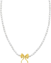 Load image into Gallery viewer, 14k Yellow Gold Bow Pearl Strand Link Necklace, 16-18 Inch