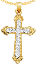 Load image into Gallery viewer, 14k Yellow Gold 1.4" Scalloped Edged Two-Tone Cross Charm Pendant with optional Adjustable Chain Necklace