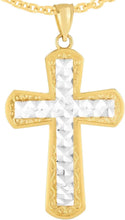 Load image into Gallery viewer, 14k Yellow Gold 1.3" Diamond Cut Intricate Two-Tone Cross Charm Pendant with optional Adjustable Chain Necklace