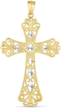 Load image into Gallery viewer, 14k Yellow Gold 1.3" Filigree Openwork Two-Tone Lozenge Cross Charm Pendant with optional Adjustable Chain Necklace
