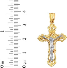 Load image into Gallery viewer, 14k Yellow Gold 1.3" Filigree Openwork INRI Jesus Crucifix Two-Tone Cross Charm Pendant with optional Adjustable Chain Necklace