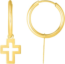 Load image into Gallery viewer, 14k Yellow Gold 25.4mm Polished Cross Dangle Light Weight Hoop Earrings