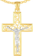 Load image into Gallery viewer, 14k Yellow Gold 1.5" Vine Openwork Jesus Crucifix Two-Tone Cross Charm Pendant with optional Adjustable Chain Necklace