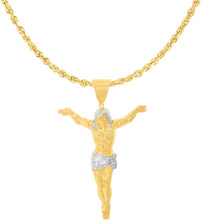 Load image into Gallery viewer, 10k Yellow Gold and White Gold Crucifix of Jesus Christ Pendant with Optional Adjustable Rope Chain Necklace