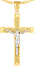 Load image into Gallery viewer, 14k Yellow Gold 1.6" Diamond Cut & Textured Jesus Crucifix Two-Tone Cross Charm Pendant with optional Adjustable Chain Necklace