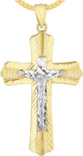 Load image into Gallery viewer, 14k Yellow Gold 1.4" Diamond Cut & Ribbed Jesus Crucifix Two-Tone Cross Charm Pendant with optional Adjustable Chain Necklace