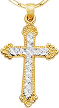 Load image into Gallery viewer, 14k Yellow Gold 1.4" Scalloped Edged Two-Tone Cross Charm Pendant with optional Adjustable Chain Necklace