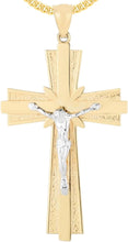 Load image into Gallery viewer, 14k Yellow Gold 1.5" Layered Jesus Crucifix Two-Tone Cross Charm Pendant with optional Adjustable Chain Necklace