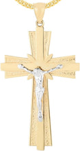 Load image into Gallery viewer, 14k Yellow Gold 1.5" Layered Jesus Crucifix Two-Tone Cross Charm Pendant with optional Adjustable Chain Necklace