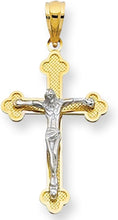 Load image into Gallery viewer, 14k Yellow Gold 1" Scalloped Edge Jesus Crucifix Two-Tone Cross Charm Pendant with optional Adjustable Chain Necklace