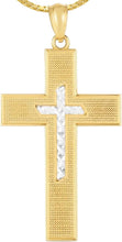 Load image into Gallery viewer, 14k Yellow Gold 1.1" Diamond Cut & Textured Nested Two-Tone Cross Charm Pendant with optional Adjustable Chain Necklace