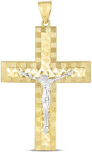 Load image into Gallery viewer, 14k Yellow Gold 1.9" Diamond Cut & Textured Jesus Crucifix Two-Tone Cross Charm Pendant with optional Adjustable Chain Necklace