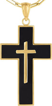 Load image into Gallery viewer, 14k Yellow Gold 1.1" Nested Black Enamel Cross Charm Pendant with optional Adjustable Chain Necklace