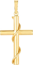 Load image into Gallery viewer, 14k Yellow Gold 1.4" Rope Wrapped Cylinder Tube Cross Charm Pendant with optional Adjustable Chain Necklace