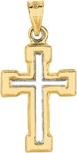Load image into Gallery viewer, 14k Yellow Gold 0.8" Block-Ended Two-Tone Cross Charm Pendant with optional Adjustable Chain Necklace
