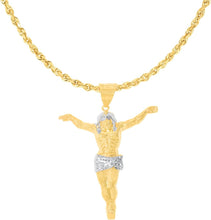 Load image into Gallery viewer, 10k Yellow Gold and White Gold Crucifix of Jesus Christ Pendant with Optional Adjustable Rope Chain Necklace