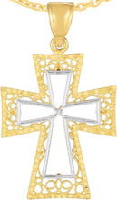 Load image into Gallery viewer, 14k Yellow Gold 1.5" Filigree Openwork Wide Two-Tone Cross Charm Pendant with optional Adjustable Chain Necklace