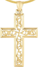 Load image into Gallery viewer, 14k Yellow Gold 1.6" Vine Openwork Cross Charm Pendant with optional Adjustable Chain Necklace