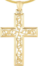 Load image into Gallery viewer, 14k Yellow Gold 1.6" Vine Openwork Cross Charm Pendant with optional Adjustable Chain Necklace