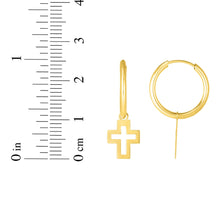 Load image into Gallery viewer, 14k Yellow Gold 25.4mm Polished Cross Dangle Light Weight Hoop Earrings