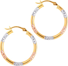 Load image into Gallery viewer, 10k Yellow Gold 19mm Diamond Cut Station Tri-Color Hoop Earrings