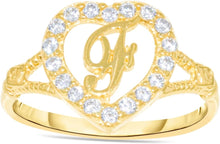 Load image into Gallery viewer, 10k Yellow Gold CZ Heart Cursive Alphabet Initial A-Z Ring