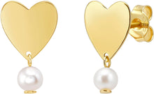 Load image into Gallery viewer, 14k Yellow Gold 15.4mm Heart & Freshwater Pearl Drop Stud Earrings