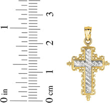 Load image into Gallery viewer, 14k Yellow Gold 0.9" Filigree Openwork Two-Tone Cross Charm Pendant with optional Adjustable Chain Necklace