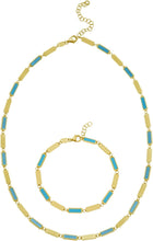 Load image into Gallery viewer, 14k Yellow Gold Turquoise Gemstone Rectangle Links Chain 18 Inch Necklace & 7.5 Inch Bracelet Set with Extenders