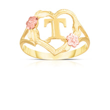 Load image into Gallery viewer, 10k Yellow Gold A-Z Initial Ring with Heart and Rose Gold Flower Design, Sizes 4-9