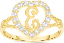 Load image into Gallery viewer, 10k Yellow Gold CZ Heart Cursive Alphabet Initial A-Z Ring