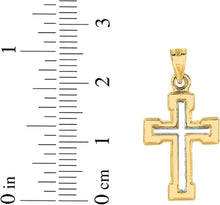 Load image into Gallery viewer, 14k Yellow Gold 0.8" Block-Ended Two-Tone Cross Charm Pendant with optional Adjustable Chain Necklace