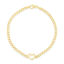 Load image into Gallery viewer, 14k Yellow Gold 3.4mm Lite Polished Heart Curb Charm Bracelet, 7 Inch
