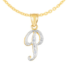 Load image into Gallery viewer, 10k Yellow Gold and White Gold Two-Tone 21.5mm Cursive Personalized Alphabet A-Z Initial Pendant with Optional 1.1mm Solid Cable Chain, 18 Inch