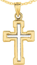 Load image into Gallery viewer, 14k Yellow Gold 0.8" Block-Ended Two-Tone Cross Charm Pendant with optional Adjustable Chain Necklace