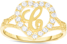 Load image into Gallery viewer, 10k Yellow Gold CZ Heart Cursive Alphabet Initial A-Z Ring